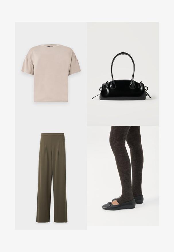 T-shirt beige en coton, à manches courtes, oversize, avec col rond et ourlet droit, sur un fond clair uni.; Pantalon kaki large à taille haute, plis devant et ourlets droits, présenté sur un fond blanc uni.; Jambes portant des leggings côtelés foncés associés à des ballerines noires avec de petits détails en nœud sur fond blanc.; Petit sac à main noir brillant avec deux longues anses et des détails à cordon sur les côtés sur un fond clair uni.