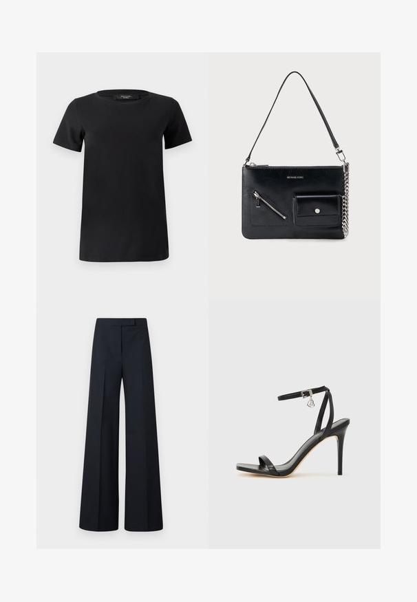 T-shirt noir à manches courtes en tissu de coton doux, doté d'un col rond et d'un design simple et classique sans ornements.; Pantalon large noir taille haute avec plis, fermeture avant dissimulée et taille cintrée.; Sandale à talon haut noire avec une bride étroite à la cheville, bout carré, cuir lisse et accent de boucle métallique.; Sac à bandoulière en cuir noir Michael Kors avec fermeture éclair supérieure, poche avant zippée en diagonale, poche à rabat avec bouton-pression et détail en chaîne argentée.