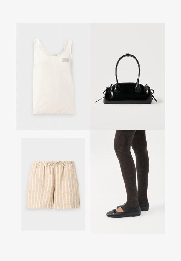 Débardeur blanc sans manches avec encolure dégagée et logo "American Vintage" brodé sur le haut du côté gauche de la poitrine.; Shorts en lin beige à rayures verticales blanches, taille élastique et lien à nouer à l'avant sur un fond uni clair.; Jambes portant des leggings côtelés foncés associés à des ballerines noires avec de petits détails en nœud sur fond blanc.; Petit sac à main noir brillant avec deux longues anses et des détails à cordon sur les côtés sur un fond clair uni.