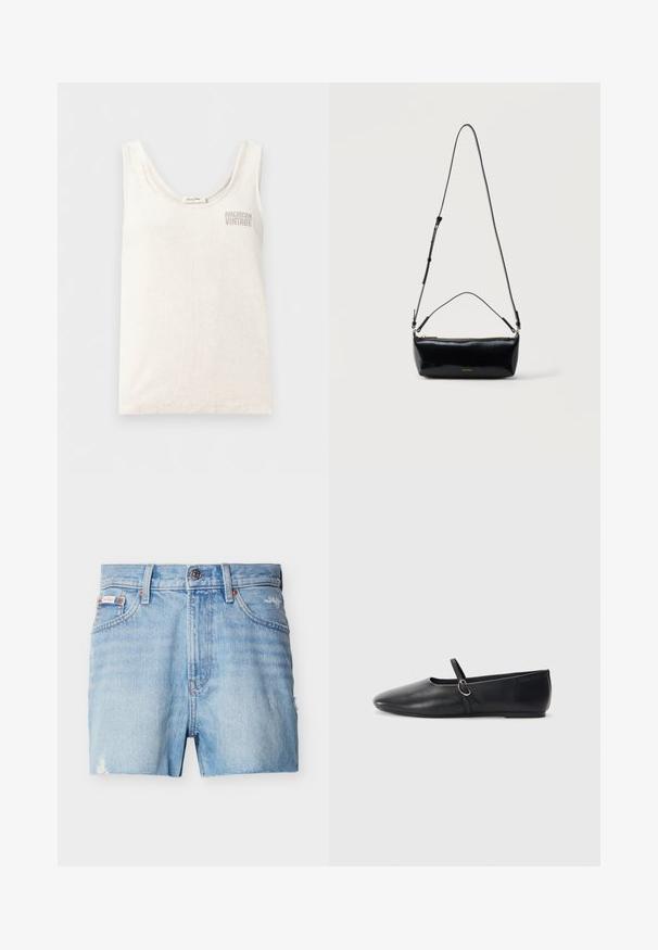 Débardeur blanc sans manches avec encolure dégagée et logo "American Vintage" brodé sur le haut du côté gauche de la poitrine.; Short en jean denim bleu clair avec bouton à l'avant, passants pour ceinture, deux poches avant et légers détails usés sur les côtés et l'ourlet.; Ballerines noires en cuir avec un bout pointu, une semelle plate et une petite sangle avec un détail de boucle en argent.; Sac bandoulière rectangulaire en cuir noir avec bandoulière ajustable, fermeture éclair sur le dessus et petit logo Calvin Klein doré sur le devant.