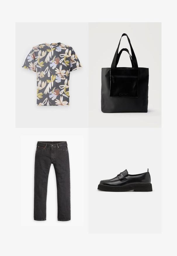 Camiseta de manga corta en gris oscuro con un patrón floral que presenta tonos de beige, azul claro y verde. Confeccionada en una tela suave.; Jeans de mezclilla negros de pierna recta con cinco bolsillos, cierre de botón y remaches de cobre, dispuestos en plano sobre un fondo blanco.; Zapatos estilo mocasín de cuero negro con suela plana y texturizada, con puntera cosida y una correa a lo largo del empeine.; Bolso tote negro con bolsillo frontal con cremallera y asas dobles, sobre un fondo claro y liso.