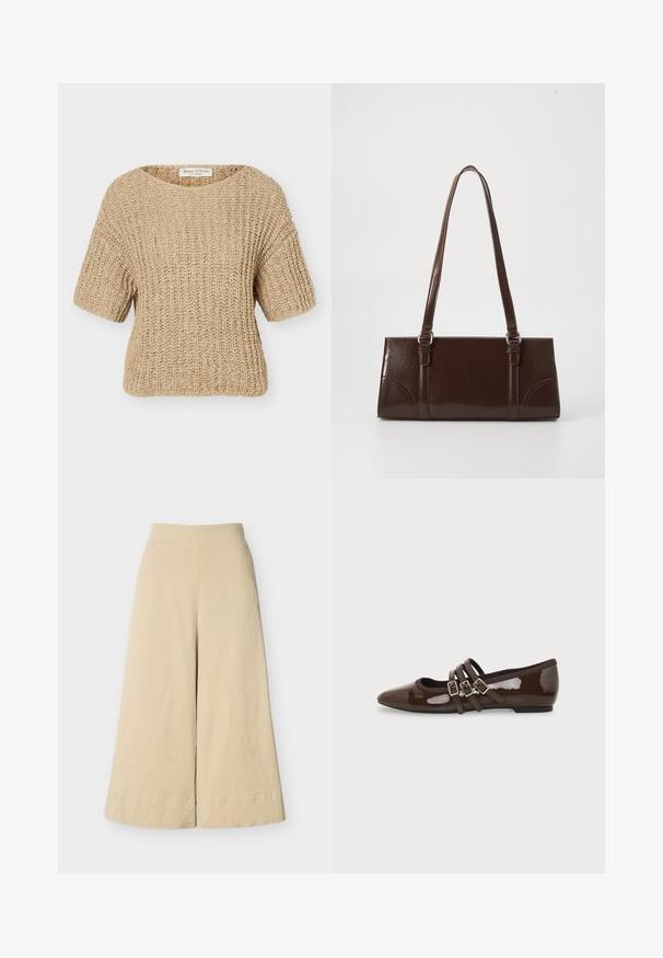 Pull beige à manches courtes en maille épaisse avec un col rond et une texture côtelée, étiqueté Marc O'Polo.; Pantalon beige taille haute à jambes larges, avec une texture lisse et des ourlets cousus, présenté sur un fond clair uni.; Chaussure plate en cuir verni marron avec bout pointu et trois brides ajustables à boucle sur le côté, vue du profil extérieur.; Sac à main en cuir verni marron de forme rectangulaire, avec deux longues poignées et des accents courbés subtils à l'avant.