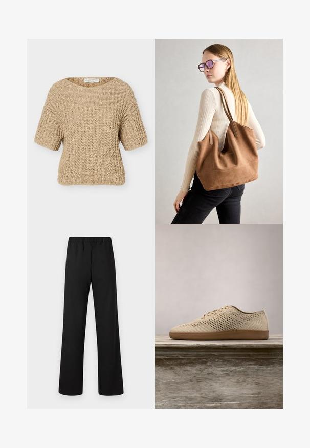 Pull beige à manches courtes en maille épaisse avec un col rond et une texture côtelée, étiqueté Marc O'Polo.; Pantalon droit à taille élastique noire, confectionné en tissu lisse, devant plat, sans poches apparentes ni décorations.; Baskets perforées beiges avec bout arrondi, design à lacets, tige en tissu texturé et semelle en caoutchouc marron. Présente de petits trous de ventilation tout au long.; Sac fourre-tout en daim marron avec une texture douce, grande ouverture et longues sangles. Présente un design simple avec des coutures visibles et sans matériel.