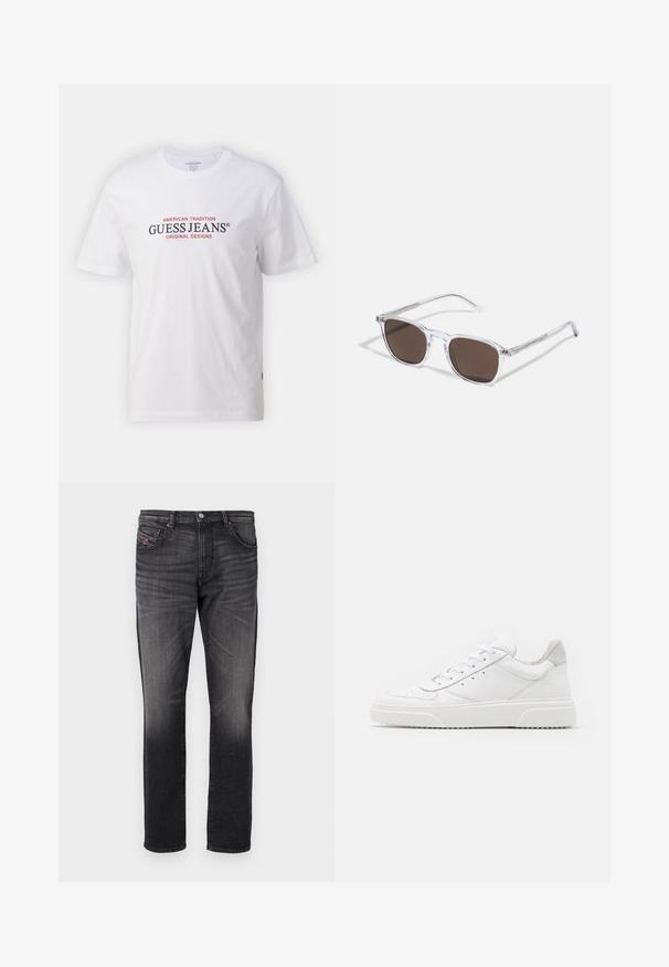 Weißes Baumwoll-T-Shirt mit Rundhalsausschnitt und kurzen Ärmeln, mit rotem und schwarzem Text "GUESS JEANS" und "AMERICAN TRADITION."; Schwarze Jeans aus Denim mit geradem Bein, fünf Taschen, dezenter Ausbleichung und einem kleinen roten Stoffetikett an der Vordertasche.; Weiße Leder-Sneaker mit glatter Oberfläche, rundem Zehenbereich, flachen Schnürsenkeln und strukturiertem Schuhsohlen. Graues Wildleder-Detail an der Ferse.; Klarer Kunststoff-Sonnenbrillen mit rechteckigen braunen Gläsern, ausgestattet mit dünnen, transparenten Bügeln und Metallakzenten an den Schläfen.