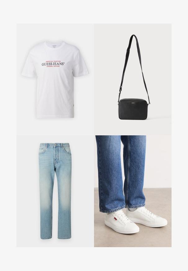 Weißes Baumwoll-T-Shirt mit Rundhalsausschnitt und kurzen Ärmeln, mit rotem und schwarzem Text "GUESS JEANS" und "AMERICAN TRADITION."; Helle blaue Jeans aus Denim mit geradem Bein, fünf Taschen und einem ausgewaschenen Effekt an den Oberschenkeln.; Weiße Sneakers mit glatter Oberfläche, runder Spitze und flacher Sohle. Ergänzt durch blaue Jeans im geraden Schnitt mit sichtbaren Nähten.; Schwarze rechteckige Umhängetasche mit verstellbarem Riemen und BOSS-Logo auf der Vorderseite, vor einem einfarbigen hellen Hintergrund.