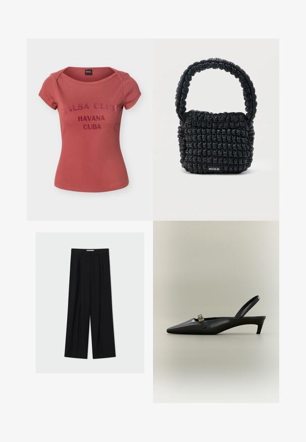 T-shirt à manches courtes rose poussière côtelé avec le texte "Salsa Club Havana Cuba" sur le devant et une étiquette de la marque BOSS à l'intérieur du col.; Pantalon noir taille haute à jambes larges avec passants de ceinture et plis devant, présenté sur un fond gris clair.; Escarpin slingback en cuir noir avec talon kitten, bout pointu et petite boucle dorée sur un fond uni.; Petit sac à main noir matelassé avec une poignée courte rembourrée et une étiquette "HUGO" à l'avant, présenté sur un fond clair uni.