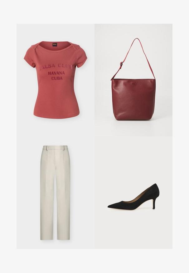 T-shirt à manches courtes rose poussière côtelé avec le texte "Salsa Club Havana Cuba" sur le devant et une étiquette de la marque BOSS à l'intérieur du col.; Pantalon beige taille haute à jambes droites, avec passants de ceinture et plis à l'avant, présenté sur fond blanc.; Escarpin en daim noir à bout pointu avec un talon stiletto fin de hauteur moyenne et un design à coupe basse sur un fond uni.; Sac à main en cuir rouge avec une texture lisse, de forme rectangulaire et une bandoulière ajustable. Présente un logo embossé sur le devant.