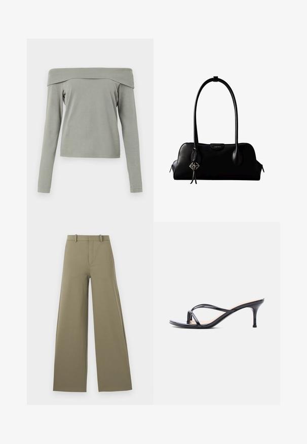 Top de manga larga con los hombros al descubierto en tela de color verde claro. Textura suave con un corte relajado y un detalle de costura mínima en el dobladillo y las mangas.; Pantalones de pierna ancha en oliva claro con una textura suave, con cremallera frontal, cinturilla con trabillas y dos bolsillos laterales.; Sandalia de tacón de charol negro con tiras finas cruzadas y un tacón de aguja delgado de altura media, sobre un fondo blanco.; Bolso de mano negro de cuero Calvin Klein con asas largas, una etiqueta con el logo frontal y un colgante geométrico plateado que cuelga de una de las asas.