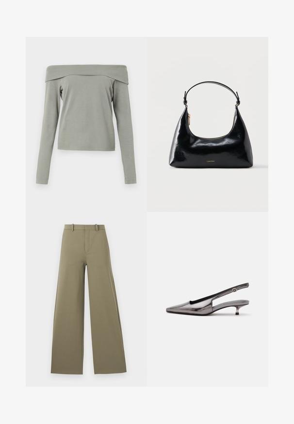 Top de manga larga con los hombros al descubierto en tela de color verde claro. Textura suave con un corte relajado y un detalle de costura mínima en el dobladillo y las mangas.; Pantalones de pierna ancha en oliva claro con una textura suave, con cremallera frontal, cinturilla con trabillas y dos bolsillos laterales.; Zapato slingback gris metálico con punta puntiaguda, tacón bajo tipo kitten y correa ajustable sobre fondo blanco.; Bolso negro brillante de Calvin Klein con cremallera dorada y correa corta sobre un fondo blanco liso.