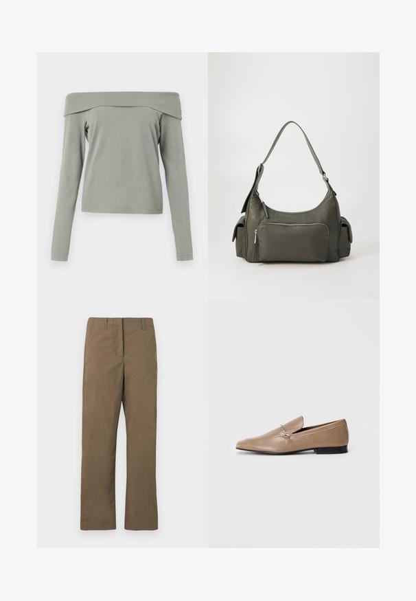 Off-the-shoulder top met lange mouwen in lichtgroene stof. Zachte textuur met een ontspannen pasvorm en minimale stikdetails aan de zoom en de mouwen.; Bruine rechte broek van katoenmix stof. Bevat riemlussen, een achterzak en heeft een gladde textuur zonder patronen.; Tan leren loafers met een spitse teen, decoratieve zilveren hardware accenten en een lage zwarte hak. Gladde textuur en minimalistisch ontwerp.; Groene leren schoudertas met een gebogen ontwerp, met een ritsvak aan de voorkant en extra zijvakken. Gladde textuur en minimale hardware.