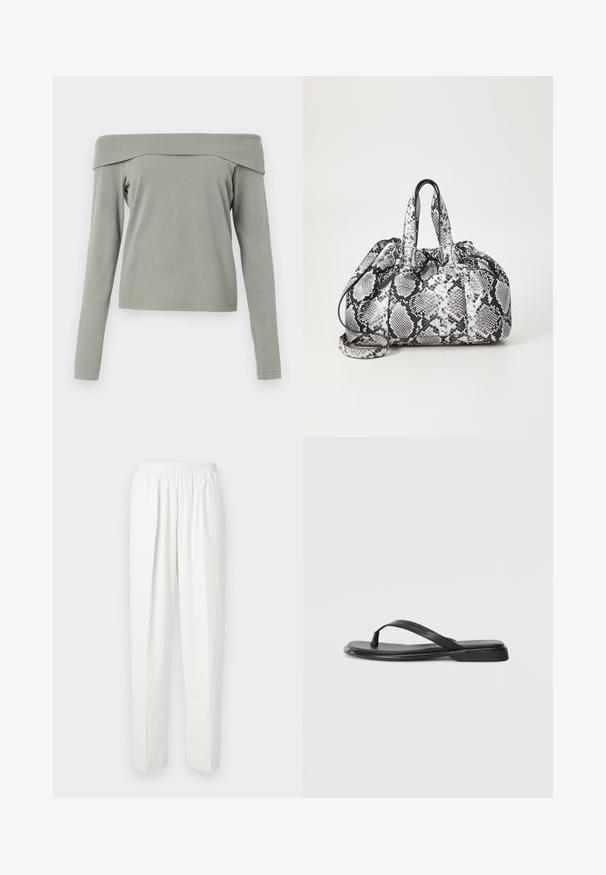 Off-the-shoulder top met lange mouwen in lichtgroene stof. Zachte textuur met een ontspannen pasvorm en minimale stikdetails aan de zoom en de mouwen.; Witte elastische taillebroek met een rechte pasvorm, gemaakt van zachte stof en voorzien van subtiele plooien aan de voorkant voor extra textuur en ontwerpelement.; Zwarte teenflip-flop van glad leer, met een dunne band en een platte zool met een minimalistisch profiel. Geen opvallende patronen of accenten.; Zwart-wit handtas met slangenhuidpatroon, voorzien van twee handvaten, een trekkoordsluiting en een afneembare schouderriem. Hanteert een gladde textuur.