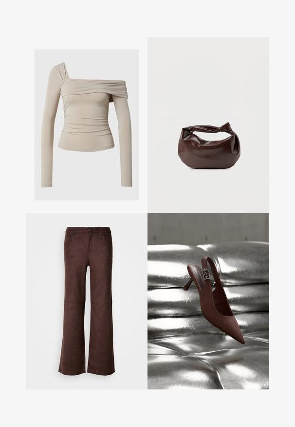Top de manga larga beige con un diseño sin hombros, que presenta una textura fruncida y una silueta ajustada. Tela suave y elástica.; Pantalones de campana marrones en un tejido suave y parecido al ante. Presentan cuatro bolsillos, un cierre de botón y una superficie lisa y texturizada.; Zapato slingback marrón con punta, tacón bajo y correa con hebilla, reposando sobre una superficie acolchada plateada metálica y brillante.; Bolso de hombro de cuero marrón oscuro con una forma suave y caída, y un asa con nudo torcido sobre un fondo blanco liso.