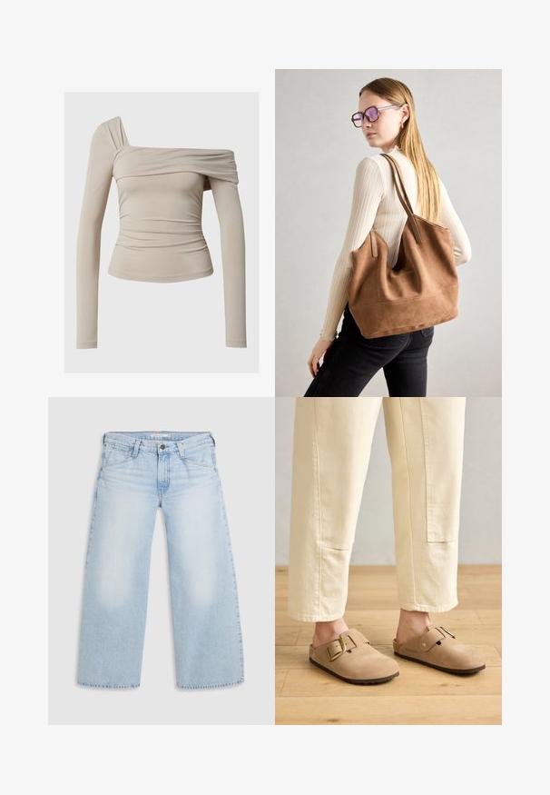 Top de manga larga beige con un diseño sin hombros, que presenta una textura fruncida y una silueta ajustada. Tela suave y elástica.; Jeans de pierna ancha en un suave tono azul, confeccionados en denim. Presentan corte recto, diseño de cinco bolsillos y un cierre de botón en la cintura.; Zuecos de gamuza en tono marrón claro con una correa ancha y hebilla dorada, superficie texturizada y suela de goma marrón; combinados con pantalones sueltos de corte tapered en color marfil.; Bolso de tote de ante marrón con textura suave, gran abertura y asas largas. Presenta un diseño sencillo con costuras visibles y sin herrajes.