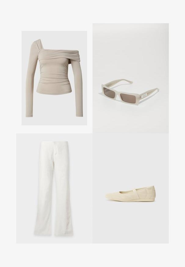 Top de manga larga beige con un diseño sin hombros, que presenta una textura fruncida y una silueta ajustada. Tela suave y elástica.; Pantalones blancos de pierna recta con cintura alta y cierre frontal de botones, mostrados sobre un fondo sencillo.; Bailarinas beige con un exterior de cuero liso, punta en forma de almendra y una correa elástica en el empeine, con detalles de costura sutiles.; Gafas de sol beige escarchadas con lentes rectangulares, tinte degradado marrón y montura de plástico suave, con un pequeño logo en el lateral.