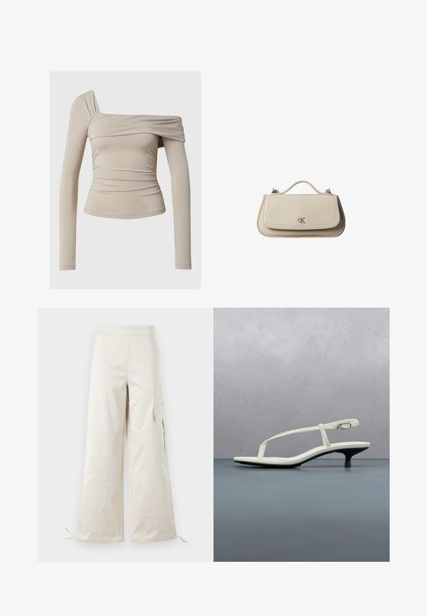 Top de manga larga beige con un diseño sin hombros, que presenta una textura fruncida y una silueta ajustada. Tela suave y elástica.; Pantalones anchos beige hechos de un material ligero, con bolsillos tipo cargo y lazos ajustables en el dobladillo para un ajuste personalizable.; Sandalia blanca de tacón kitten con tiras y punta afilada, flotando sobre un suelo de baldosas de madera al aire libre, con un fondo desenfocado de plantas y pared.; Pequeño bolso de mano de cuero beige con asa superior y logo plateado de CK en la solapa frontal, mostrado sobre un fondo blanco.