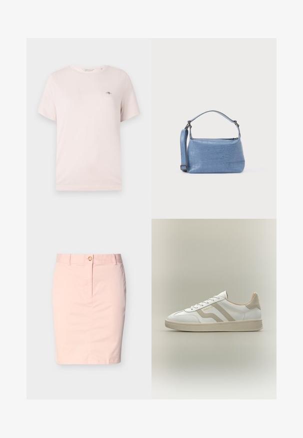 T-shirt en coton rose clair avec col rond, manches courtes et petit logo sur la poitrine. Texture lisse, design décontracté.; Jupe crayon rose clair longueur genou avec passants de ceinture et fermeture avant à boutons sur fond blanc uni.; Baskets basses blanches avec des accents beige, lacets et semelle texturée, avec le nom de la marque "GANT" sur le côté.; Sac à main bleu clair embossé façon crocodile avec une poignée courte et une bandoulière amovible. Texture lisse avec une fermeture éclair.