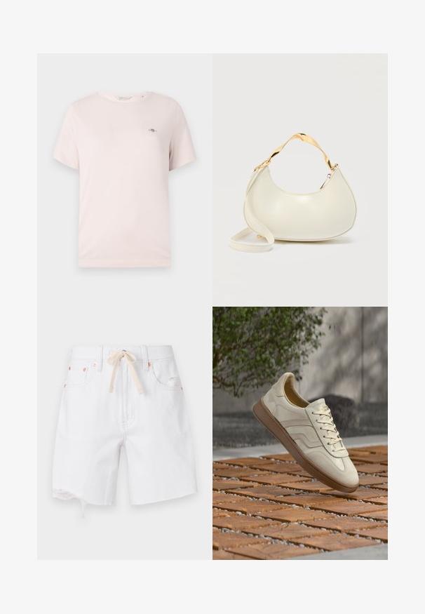 T-shirt en coton rose clair avec col rond, manches courtes et petit logo sur la poitrine. Texture lisse, design décontracté.; Shorts en denim blanc avec ourlet brut, en matière mélangée coton, et cordon de serrage beige. Comprend des accessoires couleur cuivre et des poches latérales.; Baskets couleur crème avec une semelle extérieure en caoutchouc beige texturée, un design à lacets et un marquage subtil sur le côté. Tige en cuir lisse.; Sac à main crème en forme de croissant avec poignée courte brillante dorée et bandoulière longue assortie sur un fond clair uni.