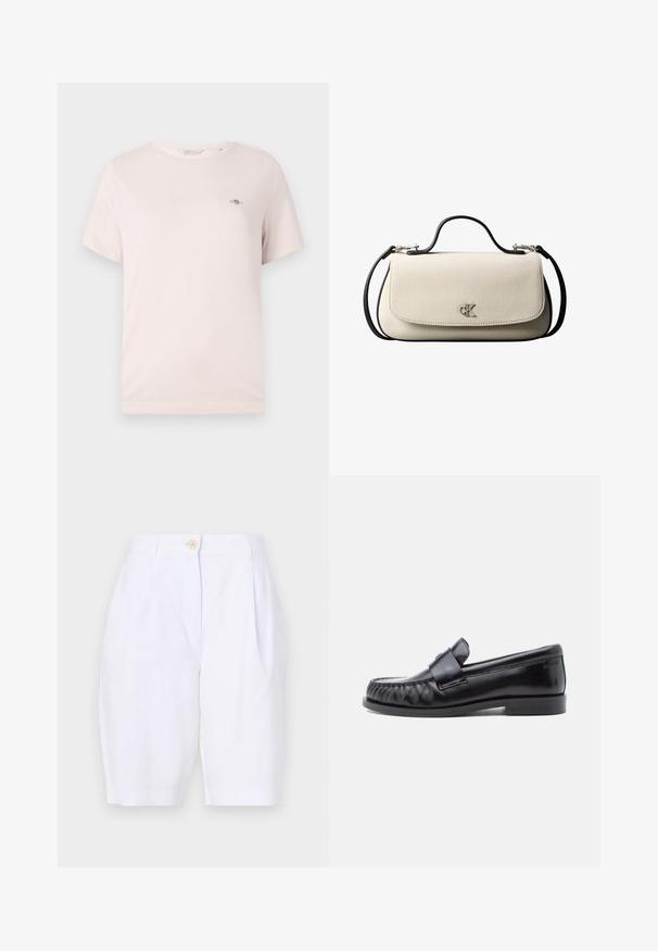 T-shirt en coton rose clair avec col rond, manches courtes et petit logo sur la poitrine. Texture lisse, design décontracté.; Shorts blancs, jusqu'aux genoux, en tissu léger avec un devant plissé et une fermeture à bouton en bois unique à la taille.; Mocassins en cuir noir avec un bout arrondi, une couture distinctive et une bride décorative sur le cou-de-pied. Finition lisse et talon bas.; Sac à main rectangulaire crème avec bandoulière et poignée noires, fermeture à rabat à l'avant, et petit logo argenté « cK » au centre devant.