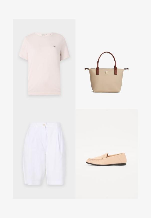 T-shirt en coton rose clair avec col rond, manches courtes et petit logo sur la poitrine. Texture lisse, design décontracté.; Shorts blancs, jusqu'aux genoux, en tissu léger avec un devant plissé et une fermeture à bouton en bois unique à la taille.; Mocassins en cuir beige avec des détails brodés, une semelle noire plate et un bout arrondi. Design minimaliste sans quincaillerie ou accents visibles.; Sac fourre-tout beige avec poignées marron, petit logo doré centré sous les poignées, et fermeture éclair en haut.