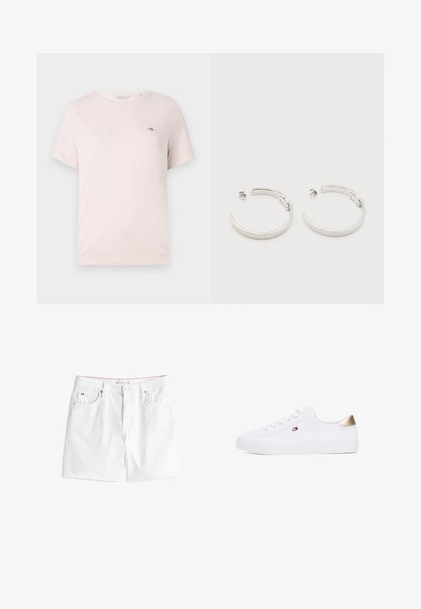 T-shirt en coton rose clair avec col rond, manches courtes et petit logo sur la poitrine. Texture lisse, design décontracté.; Shorts en denim blanc avec une coupe droite, dotés d'une fermeture à bouton, de passants de ceinture, et de deux poches avant. Couture rouge le long de la taille.; Baskets blanches en toile avec bout rond, lacets à l'avant et un accent doré sur le talon. Présente un petit emblème sur le côté.; Boucles d'oreilles demi-cercles ton argent avec texture striée et fermoirs à pression sur fond blanc.