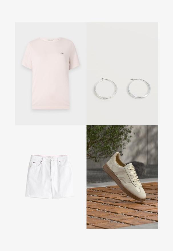 T-shirt en coton rose clair avec col rond, manches courtes et petit logo sur la poitrine. Texture lisse, design décontracté.; Shorts en denim blanc avec une coupe droite, dotés d'une fermeture à bouton, de passants de ceinture, et de deux poches avant. Couture rouge le long de la taille.; Baskets couleur crème avec une semelle extérieure en caoutchouc beige texturée, un design à lacets et un marquage subtil sur le côté. Tige en cuir lisse.; Boucles d’oreilles créoles en métal argenté avec une surface lisse légèrement incurvée et des fermoirs à clapet sur un fond blanc uni.