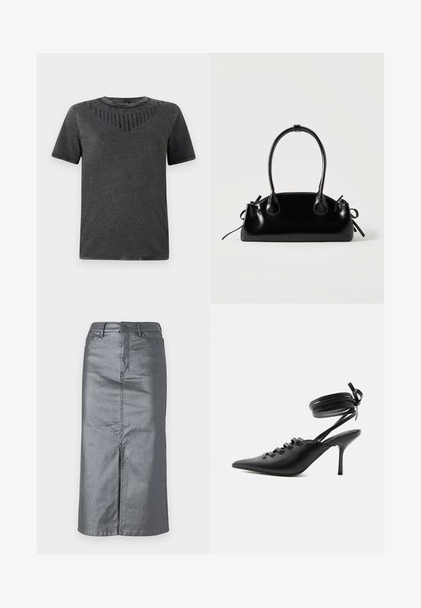 Grå t-shirt med korte ærmer, der har et struktureret design med sorte detaljer på brystet. Lavet af blødt stof, afslappet pasform.; Metalgrå denim-nederdel med en lige form, for-slids, fem-lomme design og knaplukning i taljen. Flade sømme er synlige.; Sort spids sko med høje hæle, snørelukning foran og omlægning omkring anklerne bundet med sløjfe, vist fra siden på hvid baggrund.; Lille sort blank håndtaske med to lange håndtag og snøre-detaljer i siden på en ensfarvet lys baggrund.
