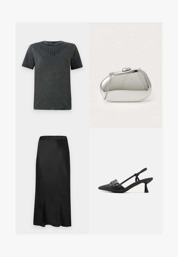 Grå t-shirt med korte ærmer, der har et struktureret design med sorte detaljer på brystet. Lavet af blødt stof, afslappet pasform.; Sort satin midi-nederdel med elastisk talje. Glat tekstur og enkelt design, der taper lidt ved kanten for en flydende silhuet.; Simmi London DALA - Pumps - black; Sølvmetalclutch med en afrundet, glat form. Har en krog-lukning og en aftagelig kædeseat. Reflekterende overflade uden mønstre.