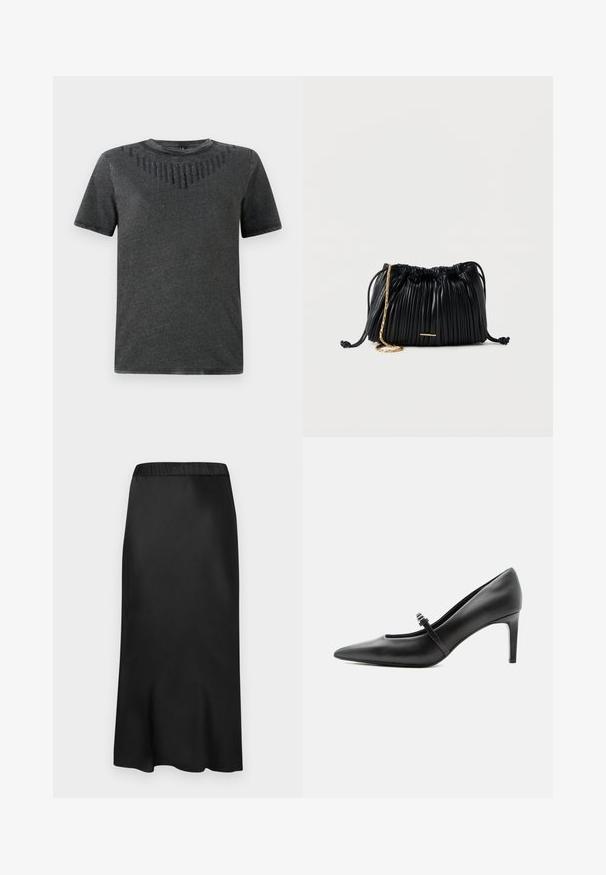 Grå t-shirt med korte ærmer, der har et struktureret design med sorte detaljer på brystet. Lavet af blødt stof, afslappet pasform.; Sort satin midi-nederdel med elastisk talje. Glat tekstur og enkelt design, der taper lidt ved kanten for en flydende silhuet.; Sort læderspids højhælede sko med tynd rem og spænde over vristen, stående på en neutral lys baggrund.; Sort læderhåndtaske med plisseringer, snorelukning, guldkæde som rem og lille horisontalt guldakcent foran.