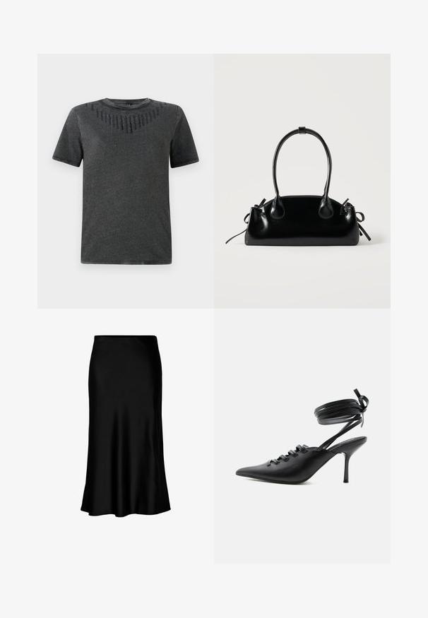 Graues T-Shirt mit kurzen Ärmeln, das ein strukturiertes Design mit schwarzen Verzierungen auf der Brust aufweist. Hergestellt aus weichem Stoff, lässige Passform.; Schwarzer Satin-Midi-Rock mit glatter Textur, ausgestellt am Saum und mit einem taillierten Bund, der ein einfaches, klassisches Design aufweist.; Schwarzer spitzer High-Heel-Schuh mit Schnürung vorne und wickelnden Knöchelriemen, die zu einer Schleife gebunden sind, von der Seite auf weißem Hintergrund gezeigt.; Kleine schwarze glänzende Handtasche mit zwei langen Griffen und seitlichen Kordelzug-Details vor einfachem hellem Hintergrund.