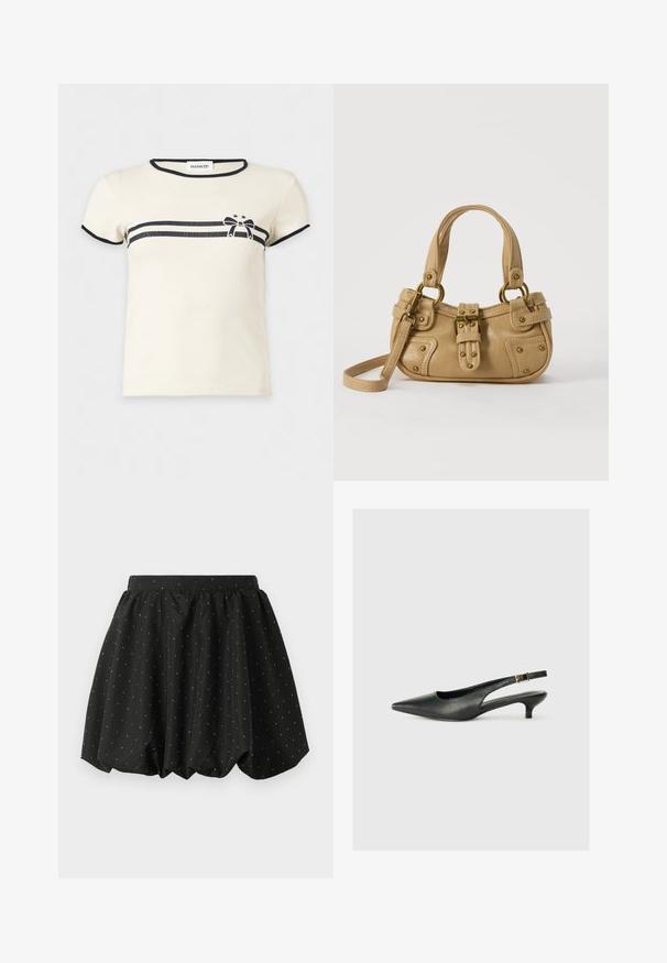 T-shirt jaune clair à manches courtes avec bordure noire aux manches et au col, avec deux bandes horizontales noires et un nœud avec deux étoiles sur la poitrine.; Jupe bulle noire avec une taille élastique et un motif de pois blancs. Fabriquée en tissu léger, elle présente un design volumineux et un ourlet arrondi.; Chaussure slingback noire à bout pointu en cuir lisse. Présente un talon fin et un détail de boucle sur la sangle réglable.; Sac à main en cuir beige avec double poignées, boucle en laiton et détails rivetés, ainsi qu'une bandoulière réglable sur fond blanc.