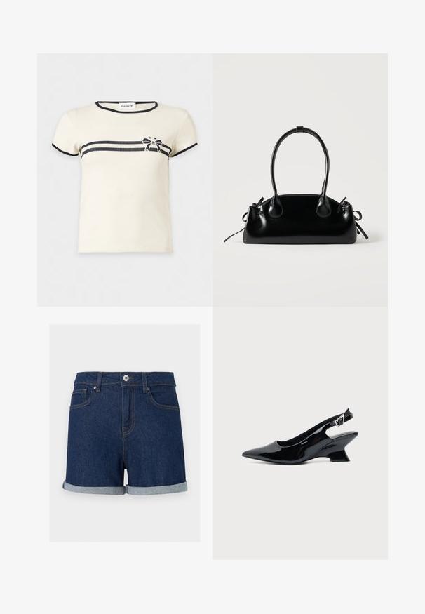 T-shirt jaune clair à manches courtes avec bordure noire aux manches et au col, avec deux bandes horizontales noires et un nœud avec deux étoiles sur la poitrine.; Short en denim bleu foncé avec ourlets pliés, fermeture à boutons et zip à l'avant, et poches avant sur fond uni.; Chaussure slingback en cuir verni noir avec bout pointu et petit talon bloc incliné sur fond clair uni.; Petit sac à main noir brillant avec deux longues anses et des détails à cordon sur les côtés sur un fond clair uni.