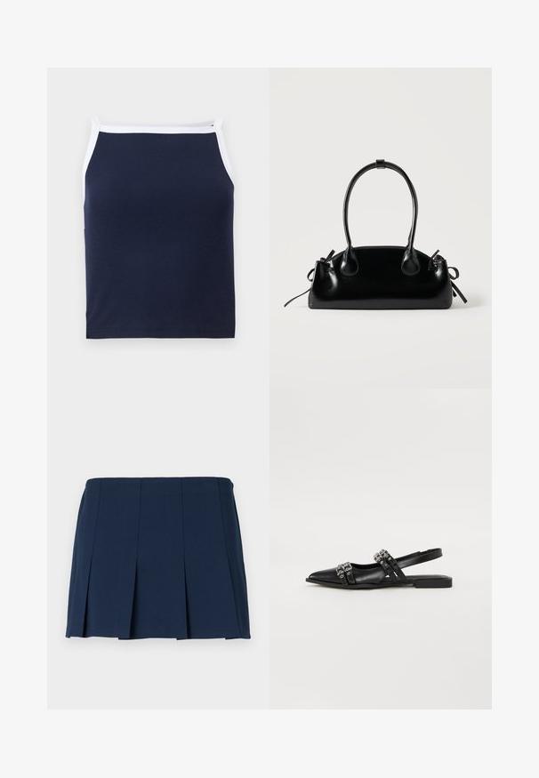 Débardeur à côtes bleu marine avec bord blanc, doté d'un col rond et de bretelles fines. Fabriqué en mélange de coton doux pour le confort.; Jupe mini plissée bleu marine avec une taille droite, fabriquée à partir d'un tissu lisse. Présente des coutures verticales le long des plis.; Even&Odd by Zalando Ballerines à brides arrière - black; Petit sac à main noir brillant avec deux longues anses et des détails à cordon sur les côtés sur un fond clair uni.