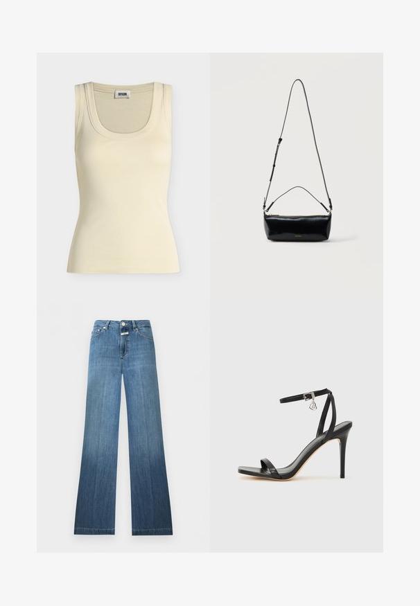 Débardeur côtelé sans manches couleur crème avec encolure ronde et étiquette de marque « Drykorn » visible à l'intérieur du col.; Jean en denim bleu à taille haute, fermeture à boutons, poches avant et arrière, et légère évasement en bas.; Sandale à talon haut noire avec une bride étroite à la cheville, bout carré, cuir lisse et accent de boucle métallique.; Sac bandoulière rectangulaire en cuir noir avec bandoulière ajustable, fermeture éclair sur le dessus et petit logo Calvin Klein doré sur le devant.