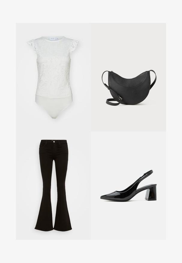 Hvid bodysuit med blomstret blonde mønster, korte voluminøse ærmer og tætsiddende bund med en glat tekstur.; Sorte højtaljede flare jeans med frontknap, bæltestropper og fem lommer, præsenteret på en hvid baggrund.; Sort slingback sko i lakeret læder med spids tå og chunky midhøj blokhæl på hvid baggrund.; Sort lædertaske i månedsform med lynlås, der har to håndtag og en glat tekstur. Minimalistisk design uden yderligere detaljer.
