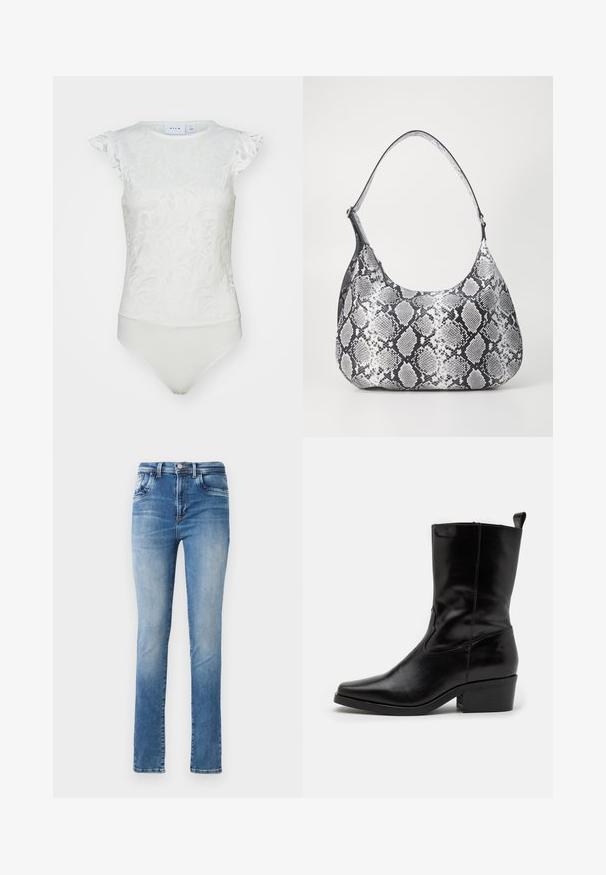 Hvid bodysuit med blomstret blonde mønster, korte voluminøse ærmer og tætsiddende bund med en glat tekstur.; Lys blå denim jeans med slim fit, der har høj talje, klassisk fem-lomme design og subtil fading langs benene.; Sorte læder ankelstøvler med spids tå, lav blokhæl og syet detaljer. Har elastiske paneler på siden for nem påtagning.; Sort-hvid slangemønster skuldertaske med en rund form, glat tekstur og en buet rem. Har et sølvfarvet hardware-accents.