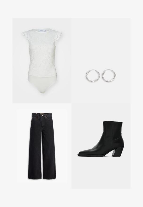 Weißer Body mit einem Spitzenblütenmuster, kurzen Rüschärmeln und einem eng anliegenden Unterteil mit glatter Oberfläche.; Schwarze weite Jeans aus Denim mit fünf Taschen, Kupferrivets und einem klassischen Knopfverschluss. Glatte Textur mit einem klaren Design.; Schwarze Leder-Stiefelette mit spitzem Zeh, schlanker Silhouette und klobigem quadratischem Absatz. Glatte Textur mit minimalen Nähdetails.; Silberne Creolen mit einer welligen, unregelmäßigen Textur. Besitzen eine dünne, kreisförmige Form und eine reflektierende Oberfläche.