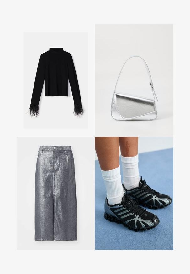 Sort langærmet top med høj hals; har tekstureret fjerkant ved ærmekanterne; lavet af blødt, elastisk stof.; Sølvmetallic denimnederdel, knælængde, med struktureret form, frontknaplukning og bæltestropper. Glat tekstur med minimalistisk design.; Person iført hvide ribstrikkede sokker og sorte træningssko med grå accenter på blåt tæppe.; Sølvmetallic håndtaske med en trekantet form, glat overflade og en tynd, justerbar skulderrem. Har et fold-over design med syninger.
