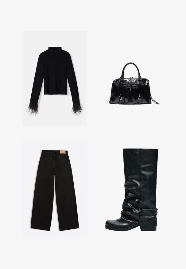 Sort langærmet top med høj hals; har tekstureret fjerkant ved ærmekanterne; lavet af blødt, elastisk stof.; Sorte vidde jeans set bagfra med to baglommer og en brun lædermærke på linningen.; Sort læderstøvle til knæet med slouch-design, rundet tå og knapdetaljer langs siden. Firkantet blokhæl for stabilitet.; Sort blank læderhåndtaske med to håndtag, frontlynlåslomme, dekorative remme og sølvfarvet metalbeslag.