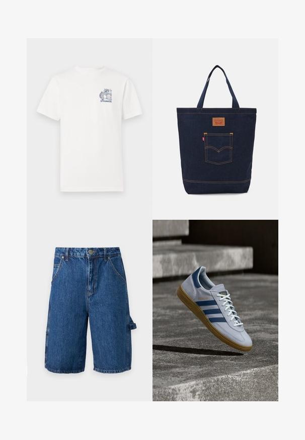 Hvid t-shirt med korte ærmer lavet af bomuld, med et blåt grafisk motiv på brystet af en vaskebjørn ved siden af en skraldespand og teksten "STANCE."; Denim shorts i en mellemblå farve, med høj talje, to forlommer og en sidelomme med strop. Glat tekstur, afslappet design.; Lyseblå Adidas Spezial sneakers med marineblå striber og gummisål, vist i luften over betontrapper i et neutralt udendørsmiljø.; Mørkeblå denim tote bag med to håndtag, synlige sømme og en frontlomme med et klassisk logo-patch.