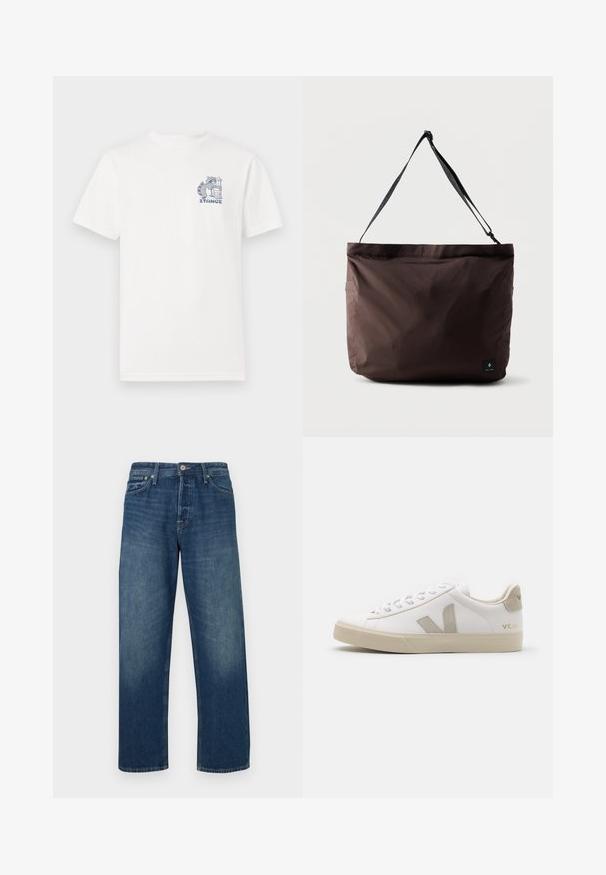 Hvid t-shirt med korte ærmer lavet af bomuld, med et blåt grafisk motiv på brystet af en vaskebjørn ved siden af en skraldespand og teksten "STANCE."; Mørkeblå denimjeans med lige ben, med klassisk knaplukning og femlommers design. Subtil blegning på forsiden.; Hvide lædersneakers med beige detaljer, flad gummisål, rund tå og kontrasterende logo på siden og bagsiden. Snørebåndsdesign.; Brun stof tote-bag med en glat tekstur, justerbar sort rem og sidelomme. Har et lille logo-tag foran.