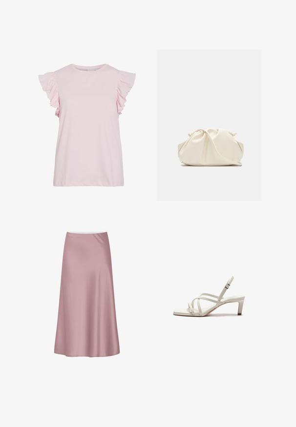 Top de manga corta rosa claro con detalles de volantes en los hombros. Material de algodón suave, escote redondo y un corte relajado con dobladillo recto.; Falda midi de satén rosa suave con una silueta en línea A y una tela lisa y fluida.; Zign by Zalando Tacones - off white; Bolso de mano de cuero suave de color crema con diseño fruncido y plisado y una delgada correa para el hombro que descansa delante sobre un fondo liso.