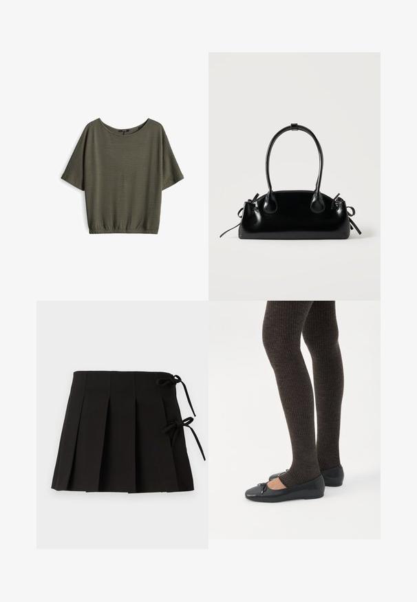 Olijfgroene top met korte mouwen, een losse pasvorm, textuurstof, ronde halslijn en een geraffineerde zoom bij de taille.; Zwarte geplooide rok met zijsstrikjes, gemaakt van stof met een gladde textuur; heeft een gestructureerd ontwerp en strakke lijnen.; Benen met donkere geribbelde leggings gecombineerd met zwarte ballerina's met kleine strikdetails op een witte achtergrond.; Kleine zwarte glanzende handtas met twee lange hengsels en zijkant trekkoord details op een effen lichte achtergrond.