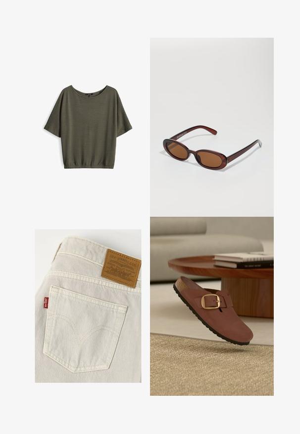 Olijfgroene top met korte mouwen, een losse pasvorm, textuurstof, ronde halslijn en een geraffineerde zoom bij de taille.; Achterzak van lichtgekleurde Levi's spijkerbroek met zichtbare stiksels, rode Levi's label en bruine leren Levi Strauss & Co. merklabel.; Bruine instapschoen met grote gouden gesp, kurken zool en zwarte loopzool zwevend boven een beige tapijt vlakbij een houten tafel met gestapelde boeken.; Ronde, bruin getinte zonnebril met een glanzend bordeauxrood frame. Slanke pootjes met subtiele merkdetails. Vlakke lensontwerp.