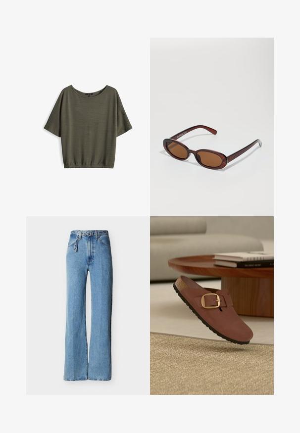 Olijfgroene top met korte mouwen, een losse pasvorm, textuurstof, ronde halslijn en een geraffineerde zoom bij de taille.; Lichtblauwe denim jeans met hoge taille en wijde pijpen, voorzien van vijf zakken en een bijpassende denim riem met metalen oogsjes en gesp.; Bruine instapschoen met grote gouden gesp, kurken zool en zwarte loopzool zwevend boven een beige tapijt vlakbij een houten tafel met gestapelde boeken.; Ronde, bruin getinte zonnebril met een glanzend bordeauxrood frame. Slanke pootjes met subtiele merkdetails. Vlakke lensontwerp.