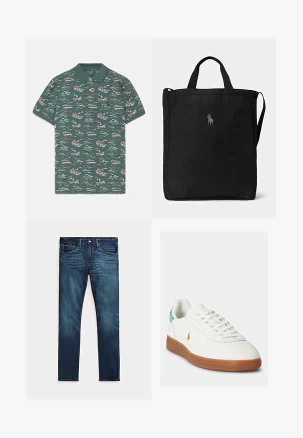 Korte mouwen polo in donkergroene katoen met een schilderachtige print van huizen, boten en bomen; voorzien van een drieknoopsluiting en een geribbelde kraag.; Donkerblauwe slim-fit jeans met vooraan een knoop en ritssluiting, vijf zakken en subtiel vervagen op de voorkant van de dijen en knieën.; Witte sneaker met veters, bruine rubberen zool, groene hieltab en klein goudkleurig polo-spelerlogo aan de buitenkant.; Zwarte rechthoekige tote tas met korte handvatten, een lange schouderband aan de zijkant en een klein geborduurd polo speler logo middenvoor.