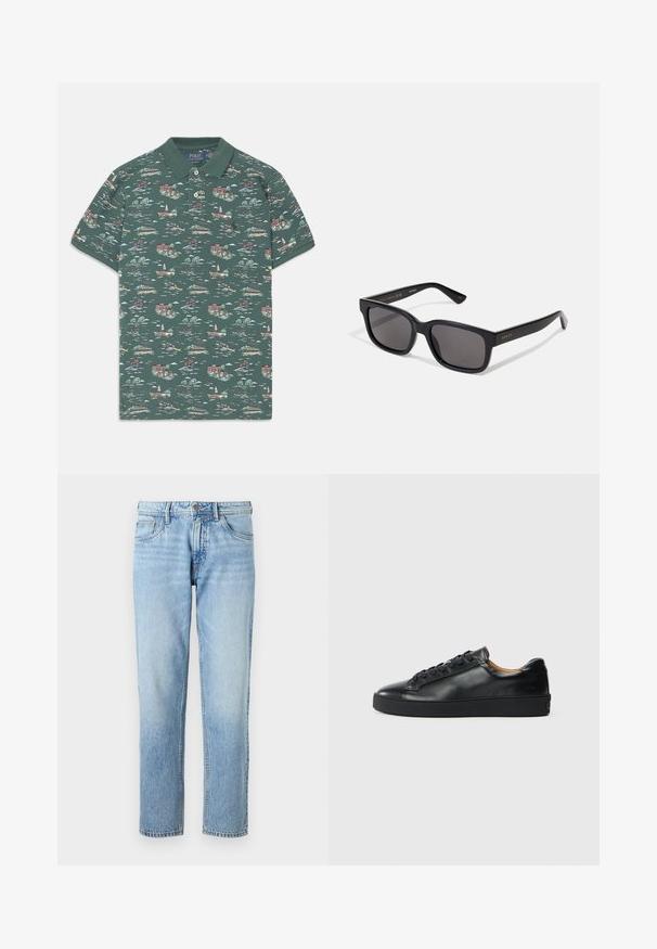 Kortærmet polo i mørkegrøn bomuld med et scenisk print af huse, både og træer; har en tre-knaps placket og en ribbet krave.; Lyseblå denimjeans med lige ben, fem lomme-design, falmet tekstur og klassisk knap- og lynlåslukning.; Sorte lædersneakers med en glat overflade, rund tå og snørebåndslukning. Har en tyk gummisål og minimal branddetalje.; Sorte rektangulære solbriller med mørke linser. Mat finish, guld branding på templet og lige, tilspidsede arme.