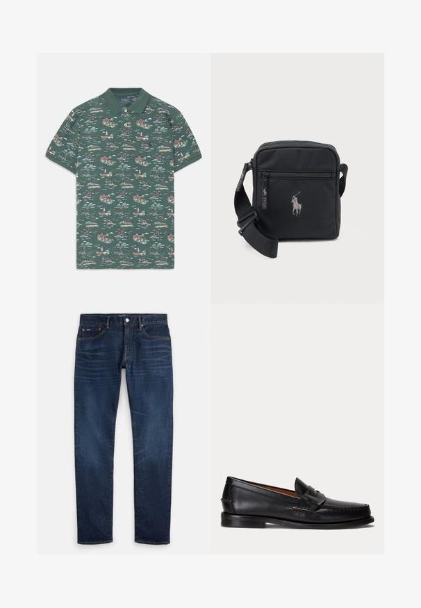 Polo s krátkym rukávom v tmavozelenej bavlne s malebnou potlačou domov, lodí a stromov; obsahuje trojradový gombík a rebrovaný golier.; Tmavomodré slim-fit rifle s jemným vyblednutím na stehnách, dizajn s piatimi vreckami a zapínaním na gombík v páse.; Čierny kožený mokasín s nízkym podpätkom a detailom s penny remienkom, zobrazený z boku na svetlosivom pozadí.; Malá čierna kabelka cez rameno s predným zipsovým vreckom, nastaviteľným popruhom a vyšitým logom hráča polom na koni.