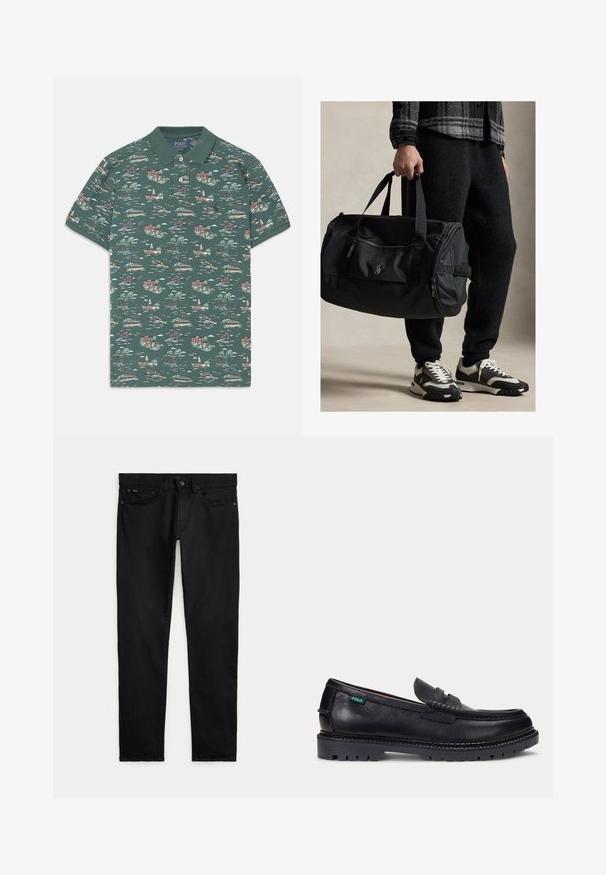 Korte mouwen polo in donkergroene katoen met een schilderachtige print van huizen, boten en bomen; voorzien van een drieknoopsluiting en een geribbelde kraag.; Zwarte slim-fit jeans met voor- en achterzakken, riemlussen en een knoop- en ritssluiting plat gelegd op een witte achtergrond.; Zwarte leren loafer met dikke geprofileerde zool en klein groen "Polo" label aan de buitenkant bij de hiel.; Persoon houdt een zwarte sporttas vast, draagt een zwarte broek, een grijze geruite jas en zwart-witte sneakers.