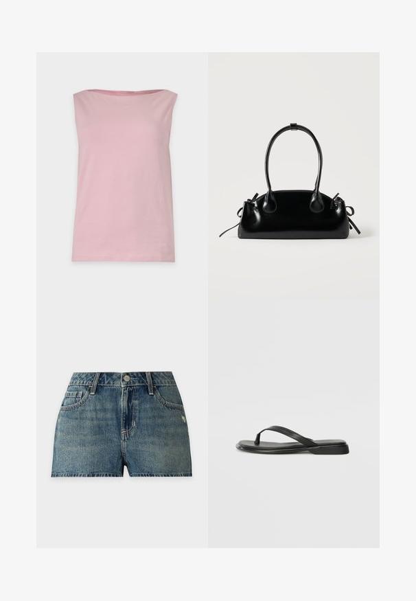 Haut sans manches rose clair avec encolure droite, design simple et sans motifs ni décorations visibles, présenté sur un fond uni.; Short en jean bleu avec bouton à l'avant, passants pour ceinture, et poches devant et derrière sur un fond clair uni.; Tongs noires en cuir lisse, avec un design de sangle fine et une semelle plate à profil minimal. Aucun motif ou accent notables.; Petit sac à main noir brillant avec deux longues anses et des détails à cordon sur les côtés sur un fond clair uni.