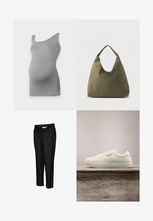 Grå graviditetstop i tanktop-stil lavet af glat, strækbart stof. Har en bred skulderrem og en tætsiddende design, der fremhæver en afrundet mave.; Sorte joggerbukser i hør med elastisk talje og snøre, sidelommer og afslappet pasform. Klassiske bukseben med opsmøg.; Hvide lædersneakers med snørebånd svævende over en træbænk, grøn høj græs sløret i baggrunden udendørs.; Olivengrøn skuldertaske i blødt læder med en bred, enkelt strop og en afslappet, ustruktureret form på en lys baggrund.
